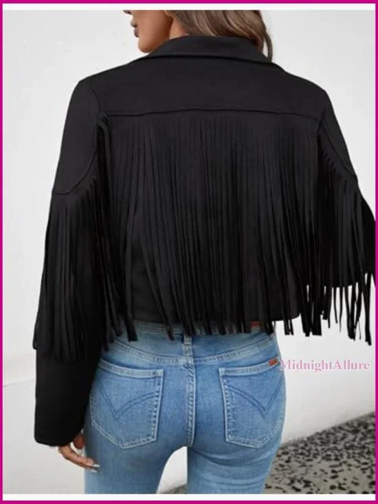 Faux Suede Cropped Jacket with Fringe Tassels, Western Style, Lined - Picture 2 of 7